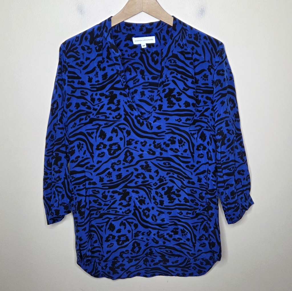 Amanda Uprichard Blue Black Animal Print Popover V-Neck Silk Blouse Medium Work